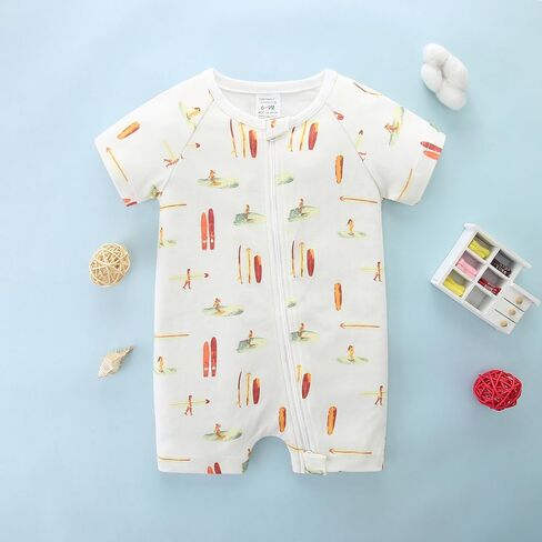 Unisex Summer Trendy 2-Pack Rompers Short Sleeve Zipped Bodysuit Infant Cotton Outfits in Kuwait