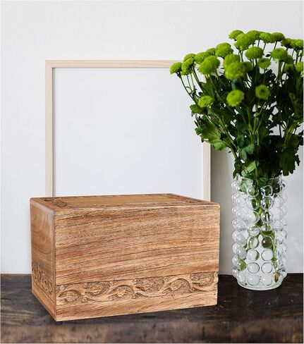 Funeral Cremation Urn Ashes With Beautiful Handmade Carving in Centre- Medium Natural,Urns for Human Ashes Adult Wooden,Wooden Urn with Hand-Made Design for Human Ashes, Wooden Urns Hand-Crafted in Saudi Arabia