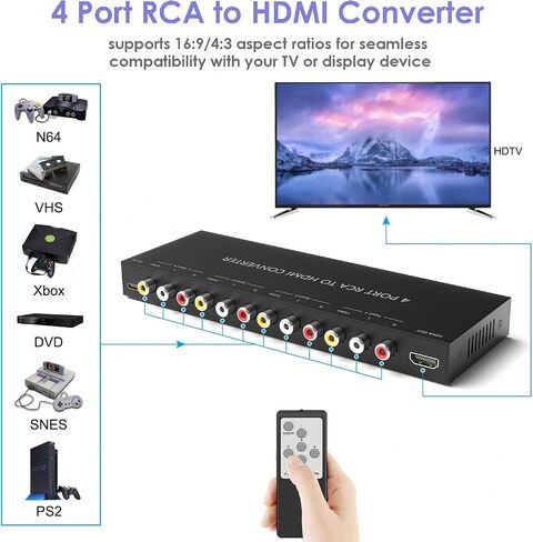 OseTub 4-Port RCA to HDMI Converter with Dual AV Inputs, 1080P Composite to HDMI Adapter, Supports 16:9/4:3, PAL/NTSC Compatible for Sega, Xbox, PS1/2/3, Wii, N64, VHS, VCRs, DVD Players in Saudi Arabia