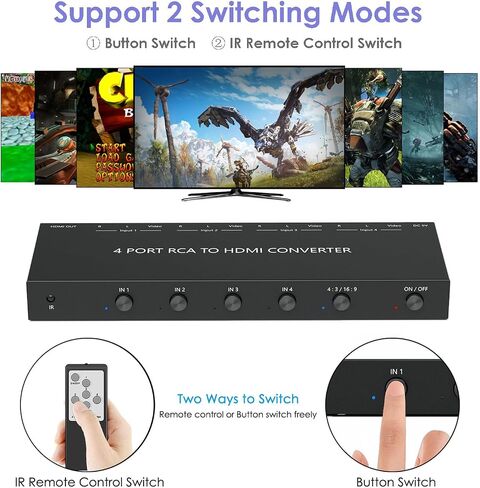 OseTub 4-Port RCA to HDMI Converter with Dual AV Inputs, 1080P Composite to HDMI Adapter, Supports 16:9/4:3, PAL/NTSC Compatible for Sega, Xbox, PS1/2/3, Wii, N64, VHS, VCRs, DVD Players in Saudi Arabia