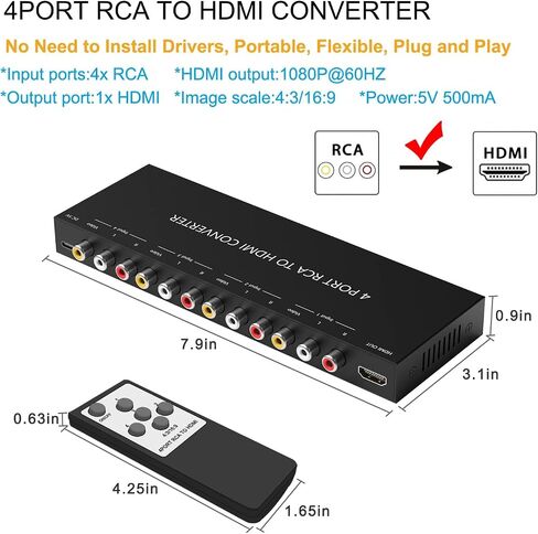 OseTub 4-Port RCA to HDMI Converter with Dual AV Inputs, 1080P Composite to HDMI Adapter, Supports 16:9/4:3, PAL/NTSC Compatible for Sega, Xbox, PS1/2/3, Wii, N64, VHS, VCRs, DVD Players in Saudi Arabia