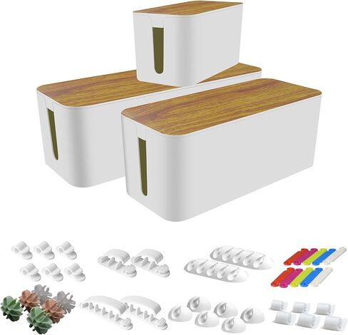 صندوق إدارة الكابلات من LeMotech، صندوق منظم للأسلاك مكون من 3 قطع، مع 40 مشبك كابل لإخفاء الأسلاك وشرائط الطاقة، منظم كابلات خشبي كبير ومتوسط ​​وصغير للمنزل والمكتب (أبيض) in Kuwait