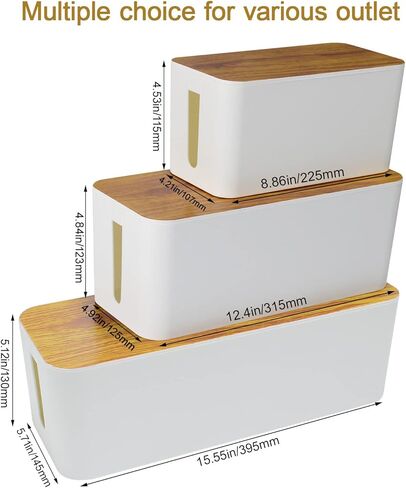 صندوق إدارة الكابلات من LeMotech، صندوق منظم للأسلاك مكون من 3 قطع، مع 40 مشبك كابل لإخفاء الأسلاك وشرائط الطاقة، منظم كابلات خشبي كبير ومتوسط ​​وصغير للمنزل والمكتب (أبيض) in Kuwait