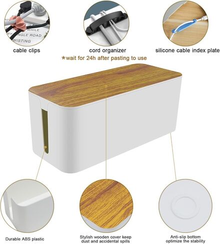 صندوق إدارة الكابلات من LeMotech، صندوق منظم للأسلاك مكون من 3 قطع، مع 40 مشبك كابل لإخفاء الأسلاك وشرائط الطاقة، منظم كابلات خشبي كبير ومتوسط ​​وصغير للمنزل والمكتب (أبيض) in Kuwait