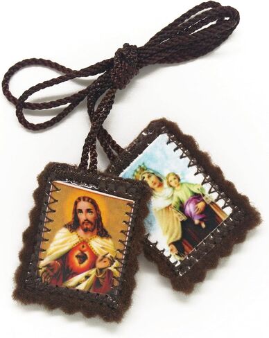 Catholic Scapular Brown Wool Rectangular Icon Handmade Sacred Heart of Jesus with Our Lady Mt Carmel by Zaraleas (2cm x 2.5cm) in Saudi Arabia
