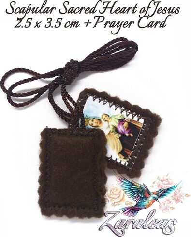 Catholic Scapular Brown Wool Rectangular Icon Handmade Sacred Heart of Jesus with Our Lady Mt Carmel by Zaraleas (2cm x 2.5cm) in Saudi Arabia