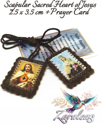 Catholic Scapular Brown Wool Rectangular Icon Handmade Sacred Heart of Jesus with Our Lady Mt Carmel by Zaraleas (2cm x 2.5cm) in Saudi Arabia