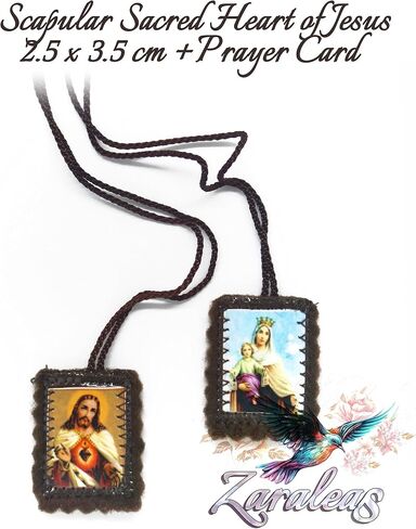 Catholic Scapular Brown Wool Rectangular Icon Handmade Sacred Heart of Jesus with Our Lady Mt Carmel by Zaraleas (2cm x 2.5cm) in Saudi Arabia