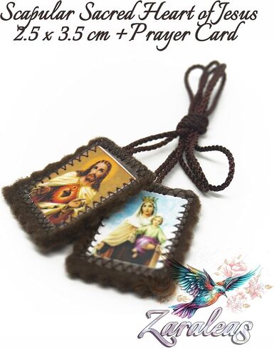 Catholic Scapular Brown Wool Rectangular Icon Handmade Sacred Heart of Jesus with Our Lady Mt Carmel by Zaraleas (2cm x 2.5cm) in Saudi Arabia