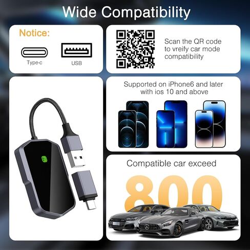 Wireless CarPlay Adapter, Wireless Carplay Dongle, Latest Upgrade Wireless CarPlay with USB/Type-C Port, Converts Wired to Wireless Carplay Dongle, Fit for Cars with Built-in CarPlay in Saudi Arabia