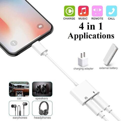 2 حزمة من محول Lightning iPhone Splitter & Charge Dongle، [معتمد من Apple MFi] 4 في 1 محول الصوت + الشحن + الاتصال + التحكم في مستوى الصوت لسماعات الرأس متوافق مع iPhone14/13/12/11/XS/XR/8/7 iPad/iPod in Saudi Arabia