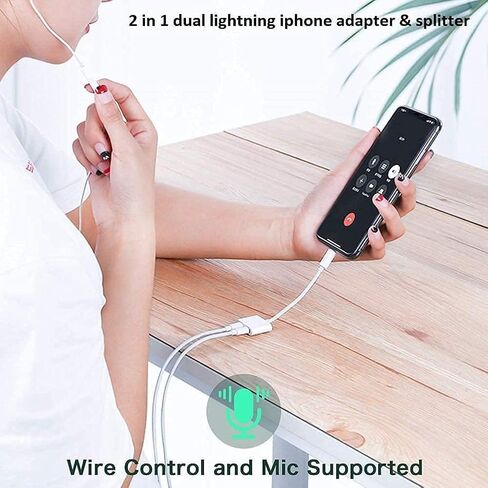 2 حزمة من محول Lightning iPhone Splitter & Charge Dongle، [معتمد من Apple MFi] 4 في 1 محول الصوت + الشحن + الاتصال + التحكم في مستوى الصوت لسماعات الرأس متوافق مع iPhone14/13/12/11/XS/XR/8/7 iPad/iPod in Saudi Arabia