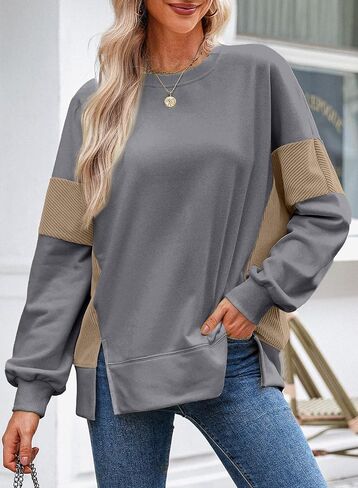 Dokotoo Women's Casual Oversized Sweatshirt Crew Neck Color Block Loose Pullover Tops Side Slit in Saudi Arabia