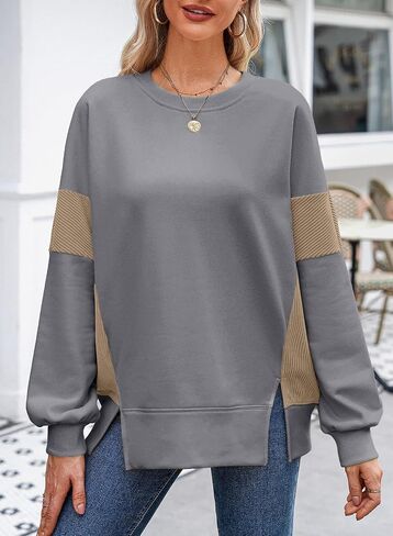Dokotoo Women's Casual Oversized Sweatshirt Crew Neck Color Block Loose Pullover Tops Side Slit in Saudi Arabia