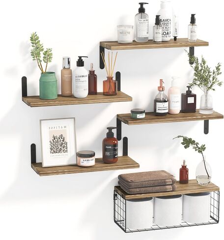 Fixwal 5+1 Tier Bathroom Floating Shelves, Wall Mounted Wood Shelves Over Toilet with Wire Storage Basket, Rustic Wall Decor for Bedroom, Kitchen, Living Room (Dark Brown) in Saudi Arabia