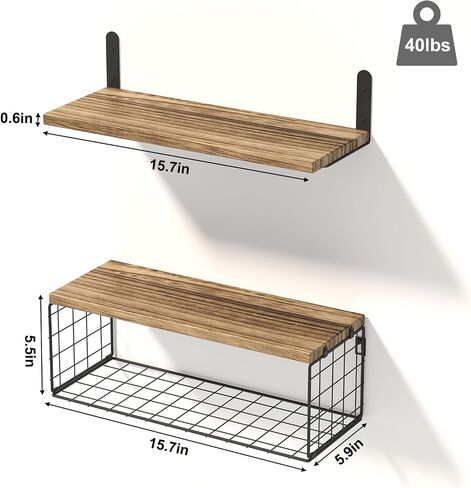 Fixwal 5+1 Tier Bathroom Floating Shelves, Wall Mounted Wood Shelves Over Toilet with Wire Storage Basket, Rustic Wall Decor for Bedroom, Kitchen, Living Room (Dark Brown) in Saudi Arabia