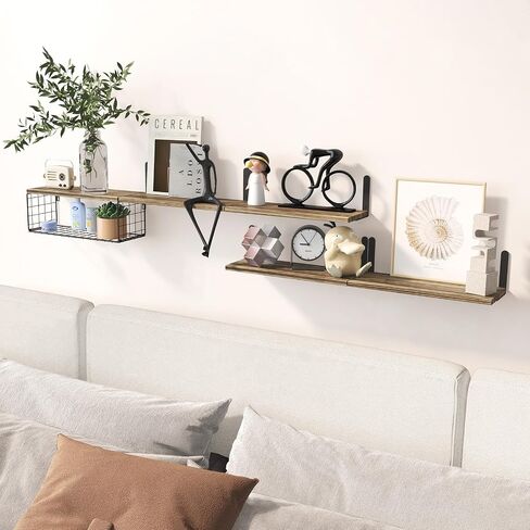Fixwal 5+1 Tier Bathroom Floating Shelves, Wall Mounted Wood Shelves Over Toilet with Wire Storage Basket, Rustic Wall Decor for Bedroom, Kitchen, Living Room (Dark Brown) in Saudi Arabia