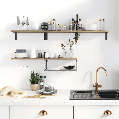 Fixwal 5+1 Tier Bathroom Floating Shelves, Wall Mounted Wood Shelves Over Toilet with Wire Storage Basket, Rustic Wall Decor for Bedroom, Kitchen, Living Room (Dark Brown) in Saudi Arabia