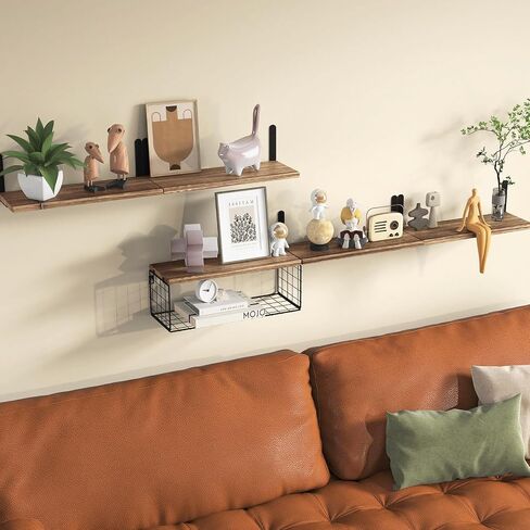 Fixwal 5+1 Tier Bathroom Floating Shelves, Wall Mounted Wood Shelves Over Toilet with Wire Storage Basket, Rustic Wall Decor for Bedroom, Kitchen, Living Room (Dark Brown) in Saudi Arabia