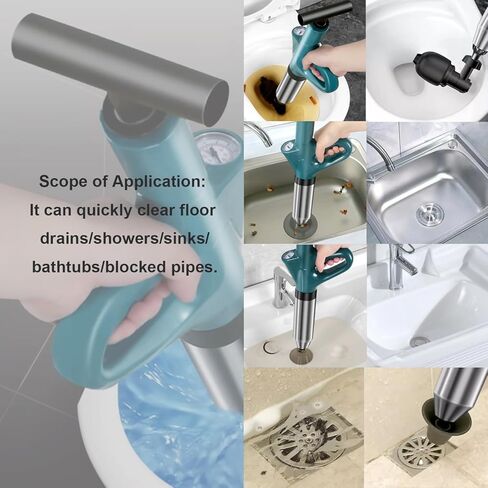 مكبس تصريف هواء المرحاض، مكبس هواء قوي بضغط 360 درجة، أداة إزالة انسداد الصرف مع مقياس البارومتر لأنابيب المطبخ المسدودة، الفولاذ المقاوم للصدأ (رمادي) in Kuwait