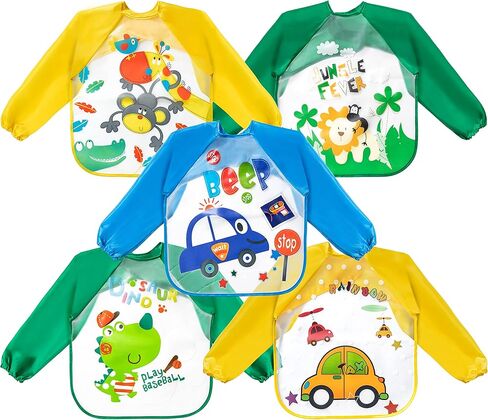 R HORSE 5 قطع مريلة بأكمام طويلة للأطفال الصغار مريلة ذات أكمام مقاومة للماء مرايل تغذية الرضع الملونة مع سيارة قرد الأسد ديناصور نمط هدية لاستحمام الطفل in Kuwait