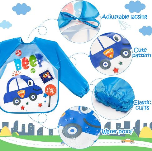 R HORSE 5 قطع مريلة بأكمام طويلة للأطفال الصغار مريلة ذات أكمام مقاومة للماء مرايل تغذية الرضع الملونة مع سيارة قرد الأسد ديناصور نمط هدية لاستحمام الطفل in Kuwait
