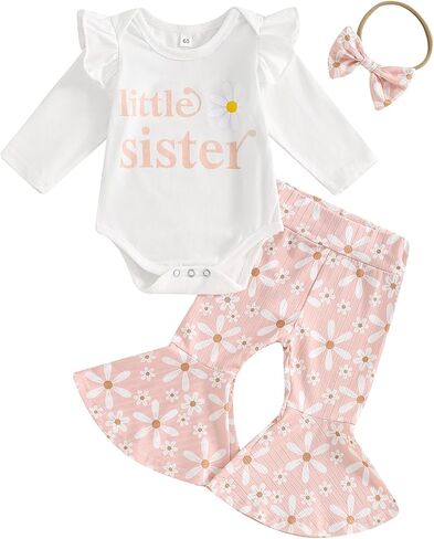 Newborn Baby Girl Fall Outfits Ribbed Long Sleeve Ruffle Romper Floral Flared Pants Headband Set 3Pcs Winter Clothes in Kuwait