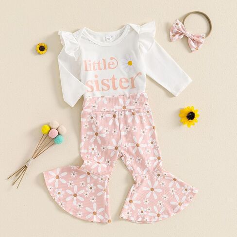 Newborn Baby Girl Fall Outfits Ribbed Long Sleeve Ruffle Romper Floral Flared Pants Headband Set 3Pcs Winter Clothes in Kuwait