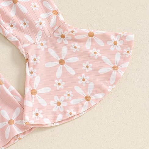 Newborn Baby Girl Fall Outfits Ribbed Long Sleeve Ruffle Romper Floral Flared Pants Headband Set 3Pcs Winter Clothes in Kuwait