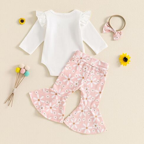 Newborn Baby Girl Fall Outfits Ribbed Long Sleeve Ruffle Romper Floral Flared Pants Headband Set 3Pcs Winter Clothes in Kuwait