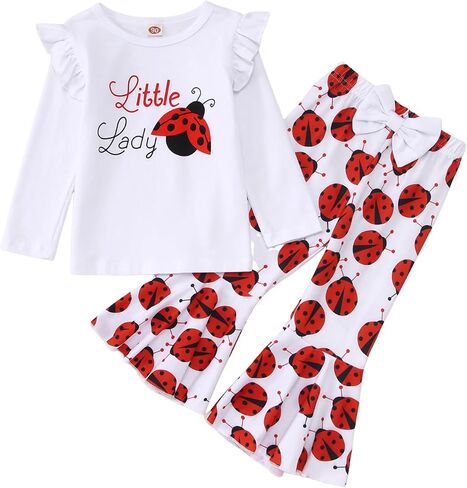 Toddler Baby Girls Outfits Ladybug Letter Graphic Shirt Ruffle Long Sleeve Tops Flare Pants Set Fall Clothes in Saudi Arabia