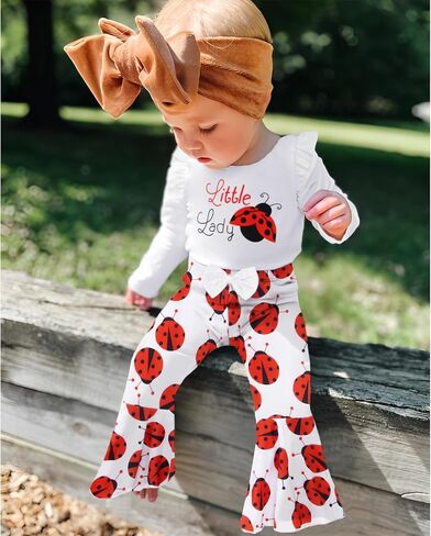 Toddler Baby Girls Outfits Ladybug Letter Graphic Shirt Ruffle Long Sleeve Tops Flare Pants Set Fall Clothes in Saudi Arabia