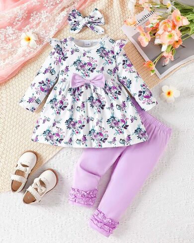 Toddler Baby Girl Clothes Cute Long Sleeve Floral Print T Shirt Ruffle Pants Headband Infant Girl 3PCS Outfits Set in Saudi Arabia