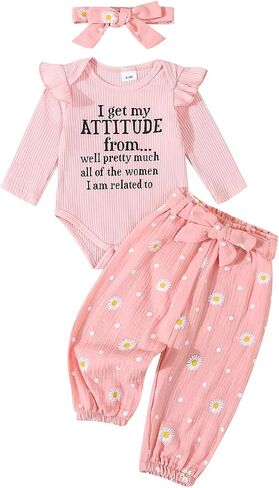 Tsnbre Newborn Baby Girl Clothes Letter Daisy Rib Knit Romper Pants Headband Fall Winter Outfits 3 6 12 18 Months in Saudi Arabia
