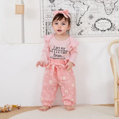 Tsnbre Newborn Baby Girl Clothes Letter Daisy Rib Knit Romper Pants Headband Fall Winter Outfits 3 6 12 18 Months in Saudi Arabia