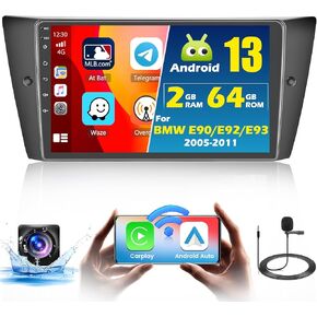 [2+64G] Ohradio Android 13 Car Stereo for BMW 3 Series 328i 335i 325i (E90/E91/E92/E93) 2005-2011, Wireless CarPlay Radio Android Auto, 9'' Touch Screen Car Radio GPS Mirror Link WiFi BT DSP