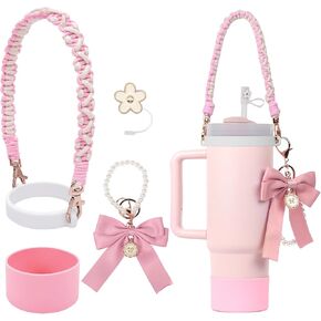 CHARMARK Stanley Cup Accessories Set, Bow Pearl Chain Braided Design Water Bottle Handle Strap