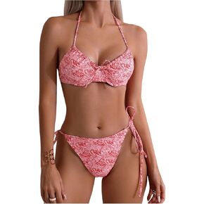 MakeMeChic Women's 2 Piece Bikini Set Ditsy Floral Print Smocked Push Up Triangle Swimsuit Bathing Suit