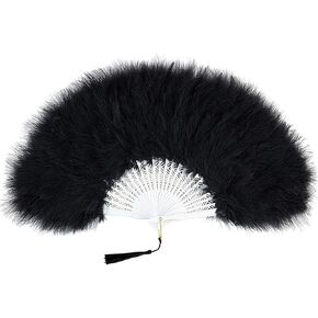 Marabou Feather Fan,Handheld Marabou Feather Fan,Bridal Hand Fan,1920s Vintage Folding Fan Flapper Hand Fan for Costume Dancing Show Tea Party Wedding Decoration (Black Ribs)