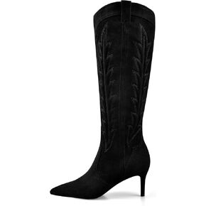 MIRAAZZURRA Knee High Boots Women Cowboy Boots Pointed Toe Stiletto Heel Western Boots Embroidered Cowgirl Boot with Side Zipper