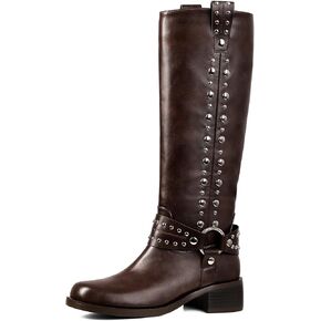 MUCCCUTE Knee High Boots Women Moto Boots Tall Square Toe Slip On Chunky Low Heel Biker Riding Boots Fashion