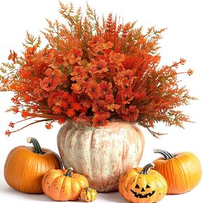 16 Bundles Artificial Flowers for Outdoors, 4 Styles Fake Fall Mums Autumn Plants for Garden Decor Window Box Porch Patio Hanging Planter Pathway Front Porch Thanksgiving Xmax Decor (Light Orange)