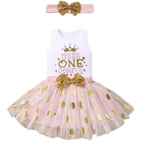 Baby Girl Sequins Bow Headdress 3 Pieces Baby Girl 1yr/2yr Birthday Dress Cotton Bodysuit TuTu Skirt Cute Set