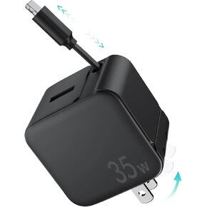 Retractable Wall Charger Block for iPhone 16 15, 35W PD Fast Charger with Retractable Type C Cable and USB Port, Portable Charger Adapter with Foldable Plug for iPhone 15 Pro Max/iPad/Galaxy/Pixel