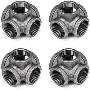3/4" Black 5-Way Side Outlet Tee, Home TZH 4-Pack 5-Way Corner Black Malleable Cast Iron Pipe Fitting for Industrial Pipe, Furniture and DIY Decoration (4, Black 3/4 Inch)