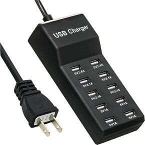 قاعدة شحن USB، قاعدة شحن ذات 10 منافذ للهواتف/الأجهزة اللوحية/الساعات (أسود، 10 USB-A)