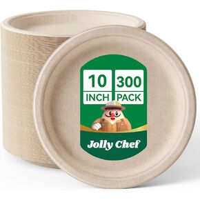 JOLLY CHEF Compostable Heavy Duty Plates 10 Inch [125 Pack] Eco-Friendly Disposable White Paper Plates Made of Bagasse Biodegradable Plates Bulk for Party Dinner Sugarcane Fibers Round Plates