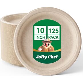JOLLY CHEF Compostable Heavy Duty Plates 10 Inch [125 Pack] Eco-Friendly Disposable White Paper Plates Made of Bagasse Biodegradable Plates Bulk for Party Dinner Sugarcane Fibers Round Plates