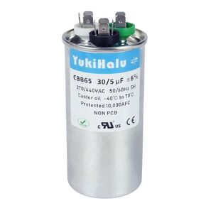 YukiHalu 50+5 uF 50/5 MFD 370 أو 440 VAC CBB65 مكثف تشغيل مزدوج، مكثف تيار متردد لمكيف الهواء، تشغيل المحرك، مضخة حرارية، مكثف مستقيم بارد، مكثف HVAC