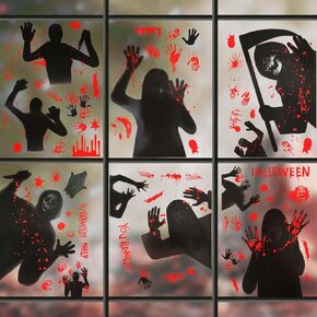 6 Sheets Halloween Window Clings, Bloody Hands Halloween Stickers Spooky Scary Window Decal for Wall Room Horror Indoor Halloween Window Decorations Supplies (Style A)